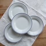 4 vintage Pyroblan Sarreguemines flat plates – Blue rim bistro style