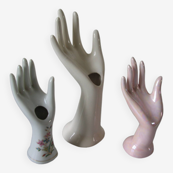 Set of 3 hands n ceramic porcelain ring sizer soliflore deco retro vintage