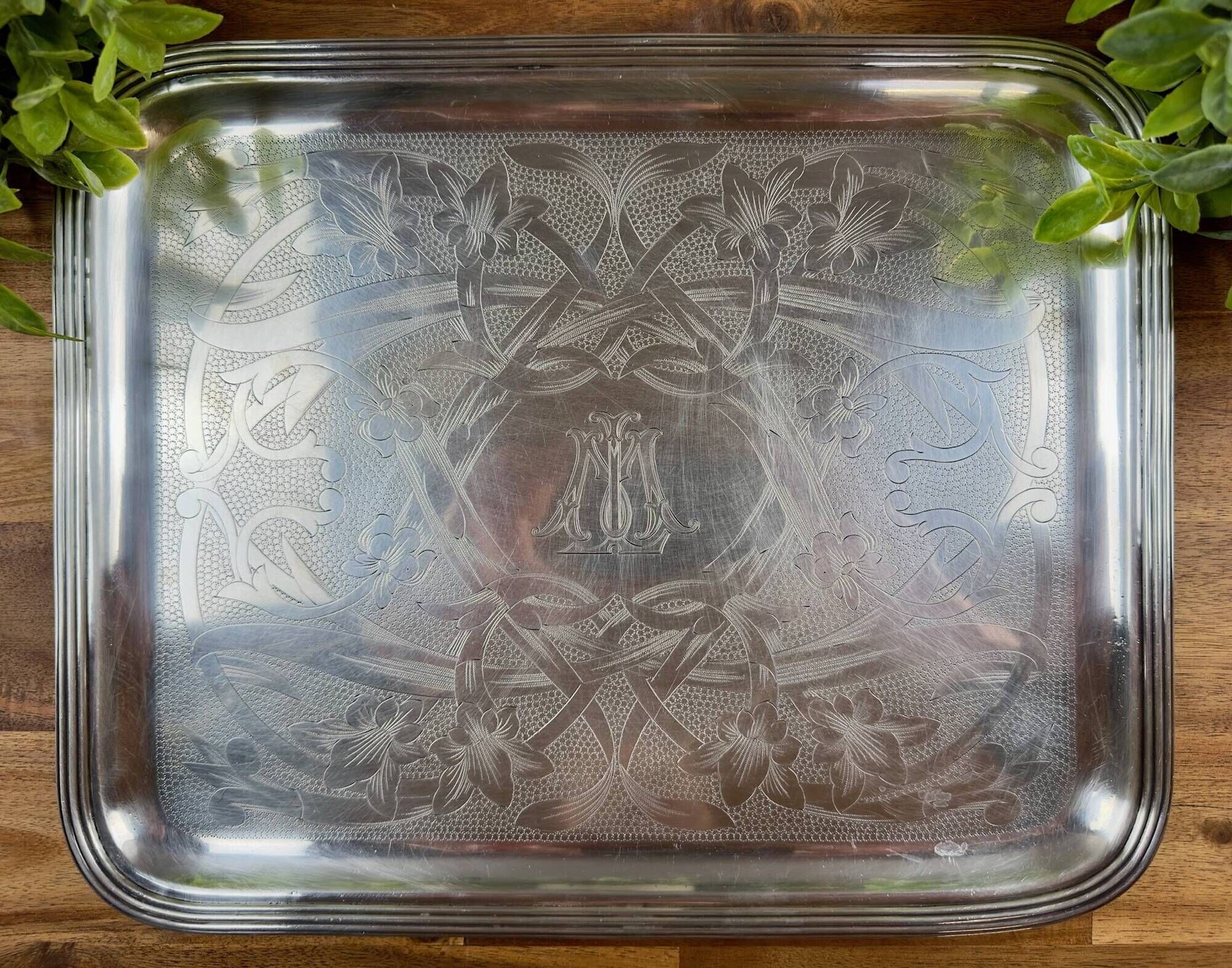 Silver-plated metal tray by Christofle – Floral decoration and monogram