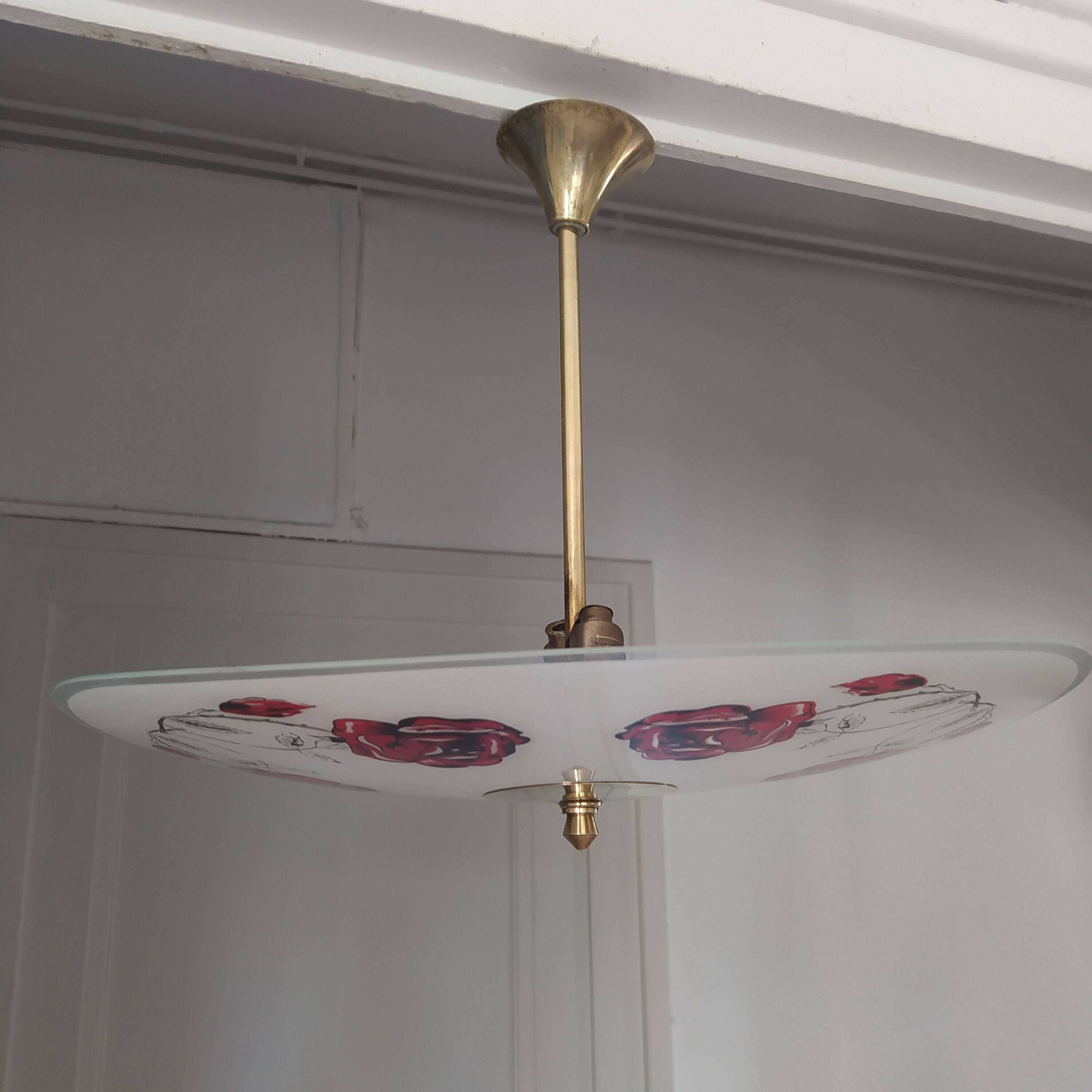 Vintage 1960s brass and glass pendant light with rose decor