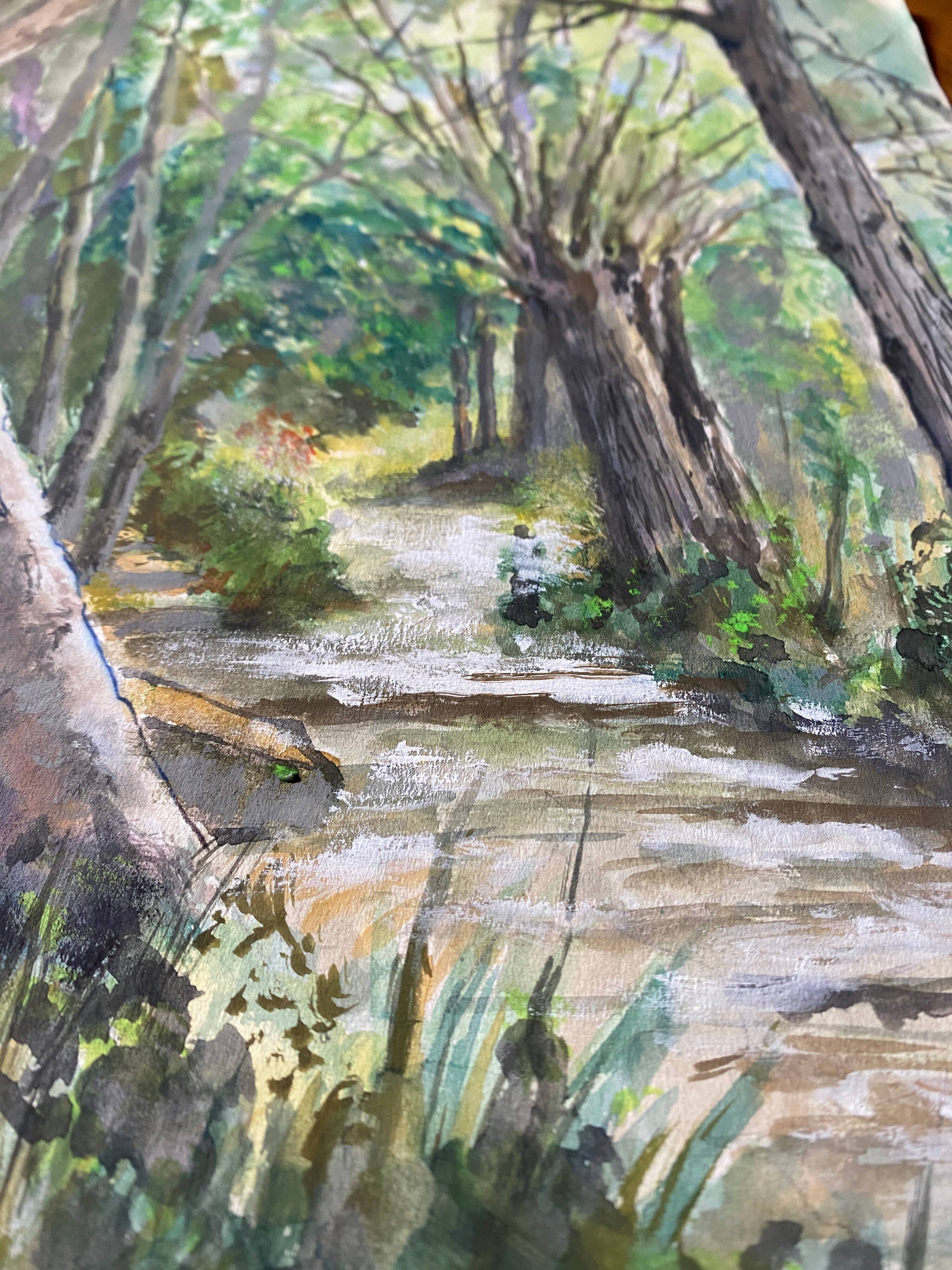 Tableau aquarelle "Sentier en forêt" école du XX° siècle
