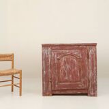 Rustic Parisian cabinet in pine wood with old burgundy paint layers, ca. 18