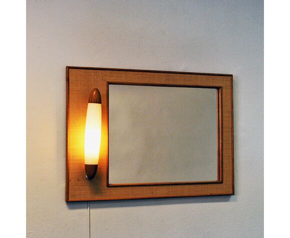 Vintage oak and rattan wallmirror with light by Fröseke Sweden 1960s