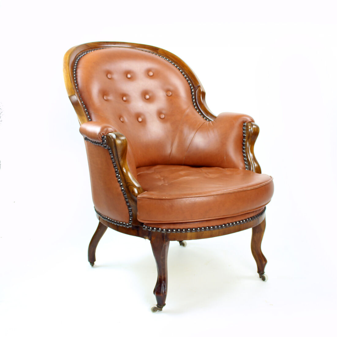 Fauteuil en cuir et noyer cognac, Tchécoslovaquie années 1940