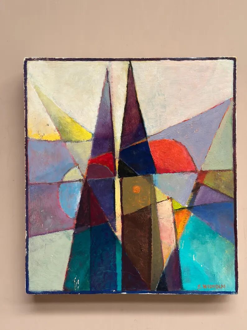 Oil on Swedish panel – 'Geometric Composition' by Stellan Widholm – Signed – vintage and framed – 35 × 32 × 5 cm