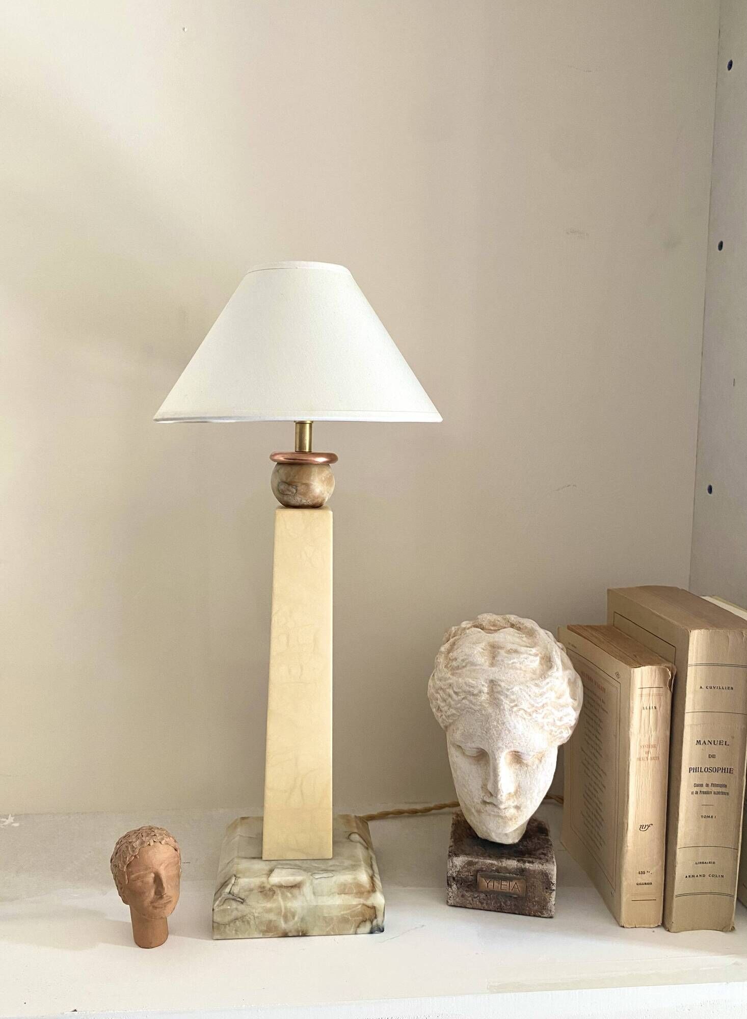 Alabaster lamp, 2M braided fabric cable, cotton shade