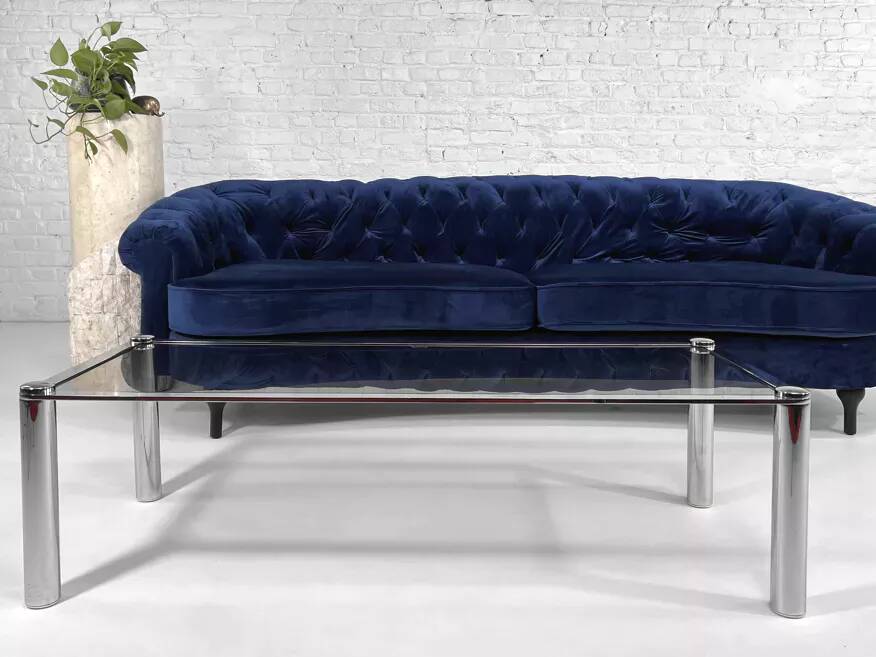 Rectangular coffee table from the 70s in chrome steel and smoked glass top