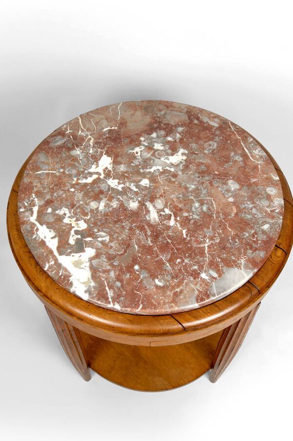 Guéridon, Table d’Appoint en Chêne Massif & Plateau en Marbre Griotte