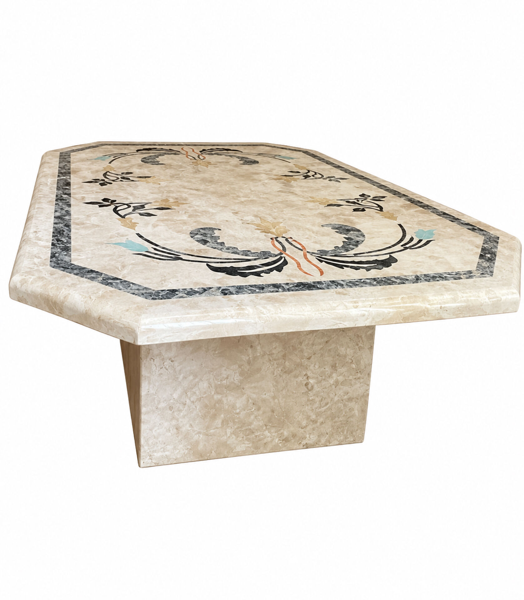 Table basse années 70-80 marqueterie de marbre tessellé -décor florale
