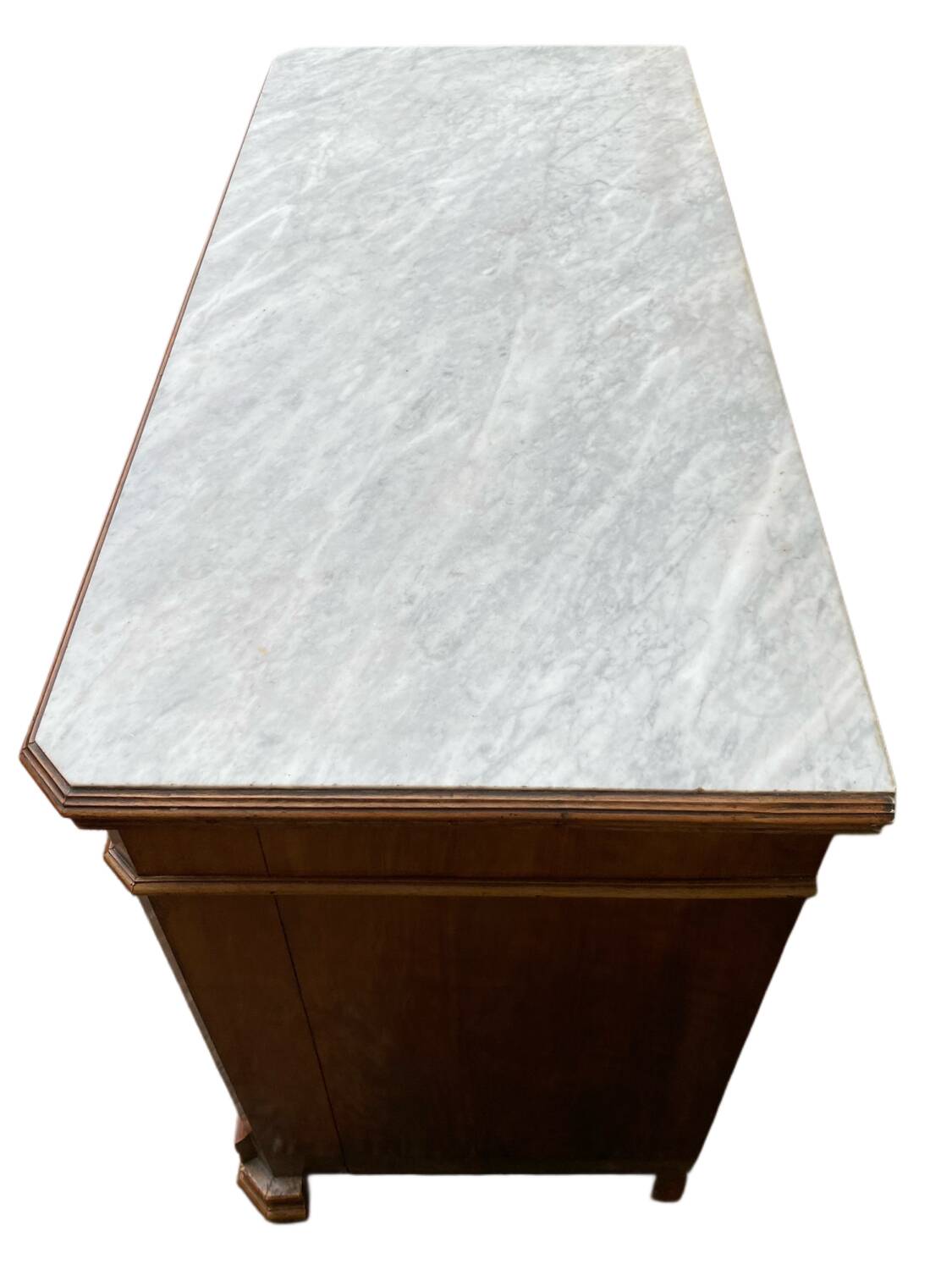 Antique Louis Philippe style chest of drawers with a white marble top.