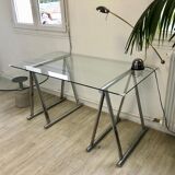 Desk / table on trestles chrome and glass 1970