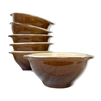 6 Emile Henry two-tone brown and cream vintage ceramic gratin bowls Made in France