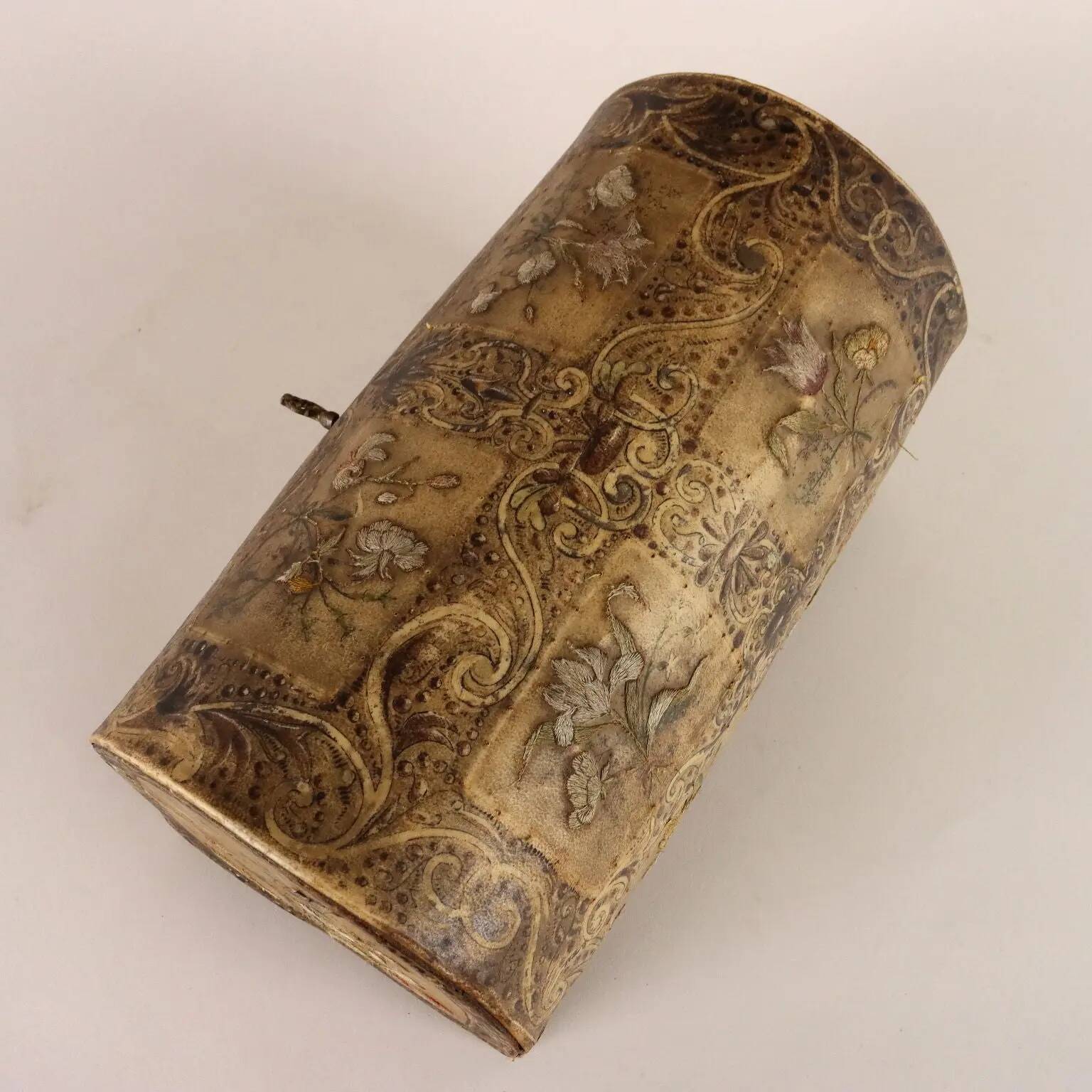 Antique wooden box covered with painted parchment, Italy, 19th-20th century.