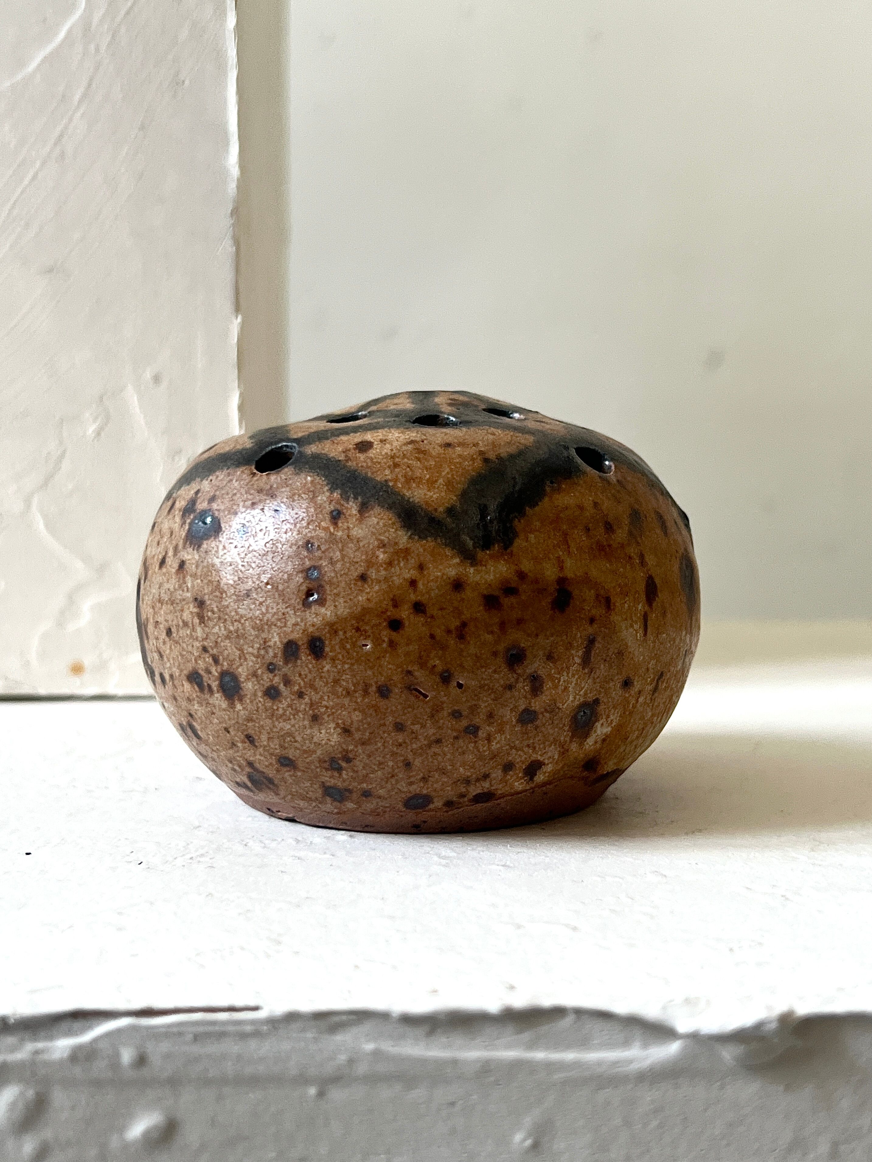 Pyrite stone flower holder signed – brutalist handmade ceramic 1970