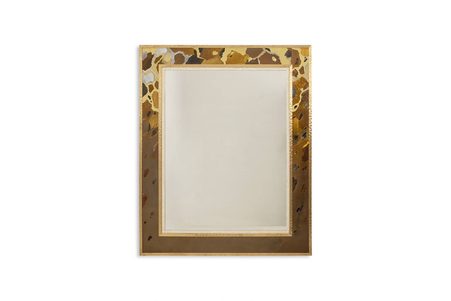 Mirror in marquetry of oxidised and patinated brass. Artist's work.