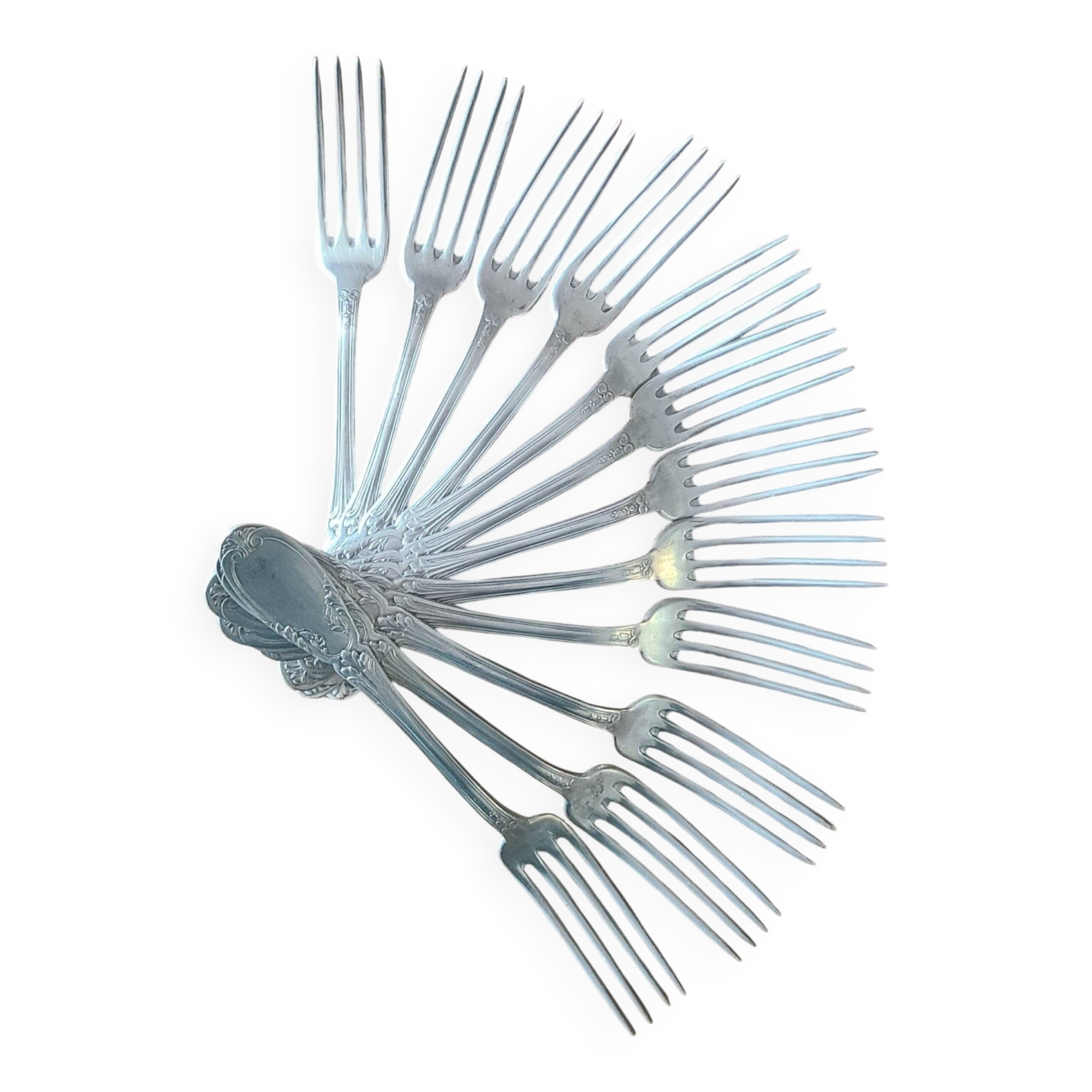 Set of 12 vintage silver-plated metal forks.