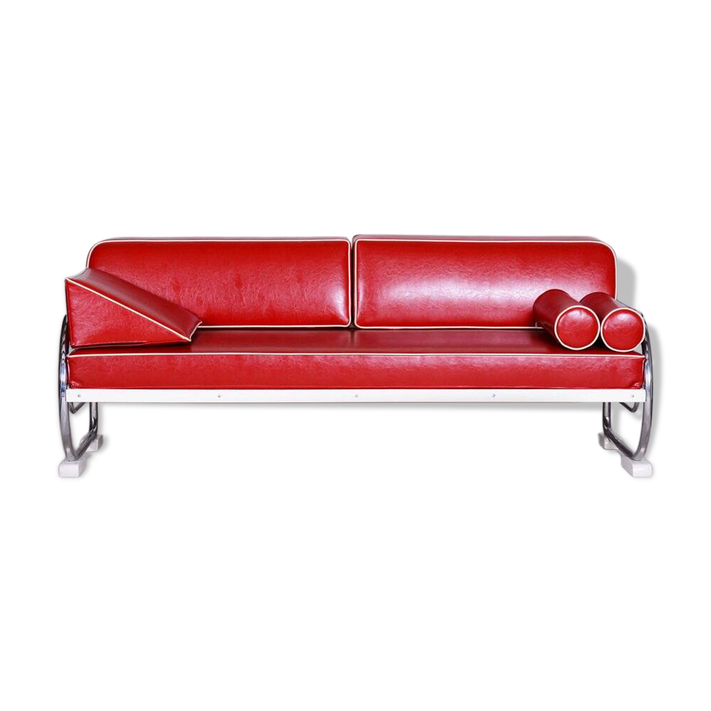 Bauhaus Sofa in Chrome-Plated Steel and Red Leather attributed to Robert Slezák, Former Czechoslovakia, 1950s