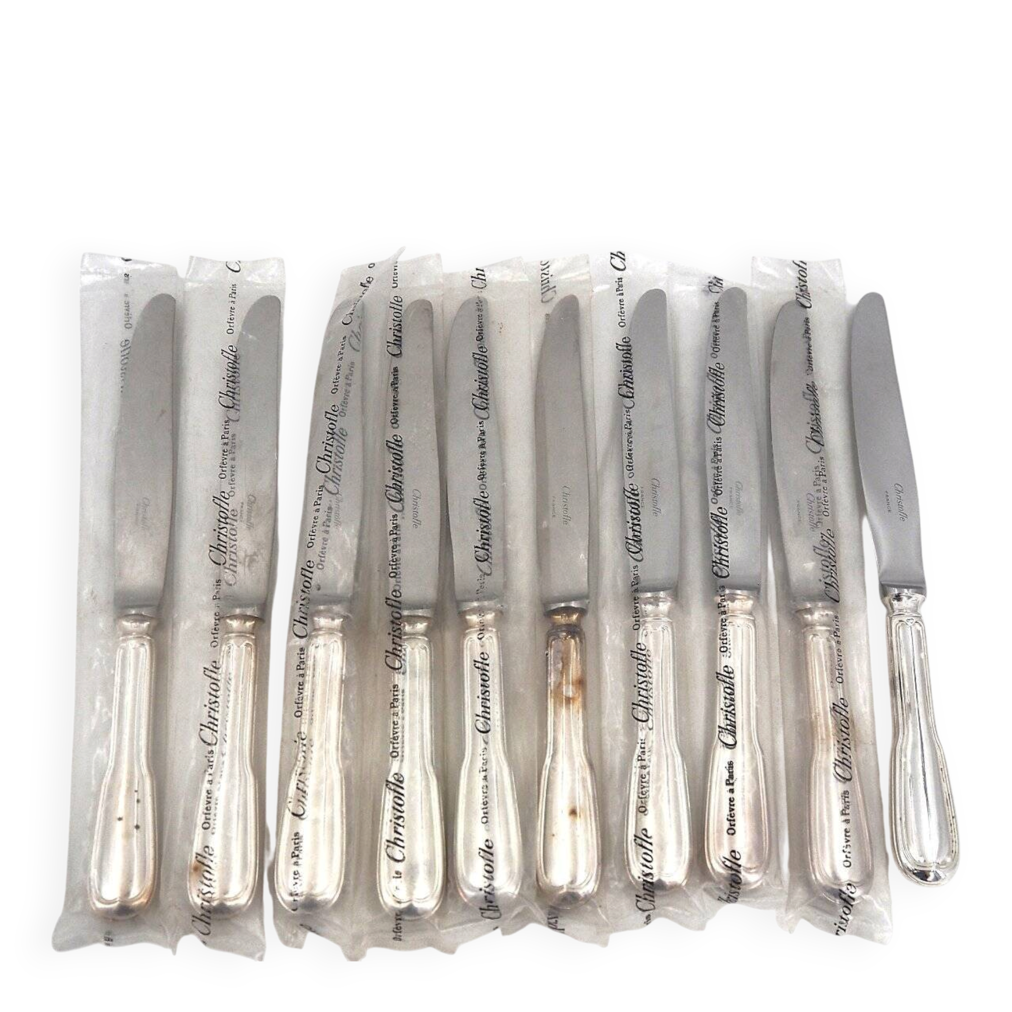 Christofle model Chinon, 10 table knives, of which 9 are intact under sealed blisters.
