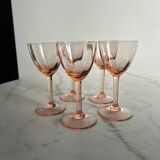 5 small pink glass stemmed glasses