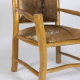 Brutalist style armchair in elm and goatskin, 1970s