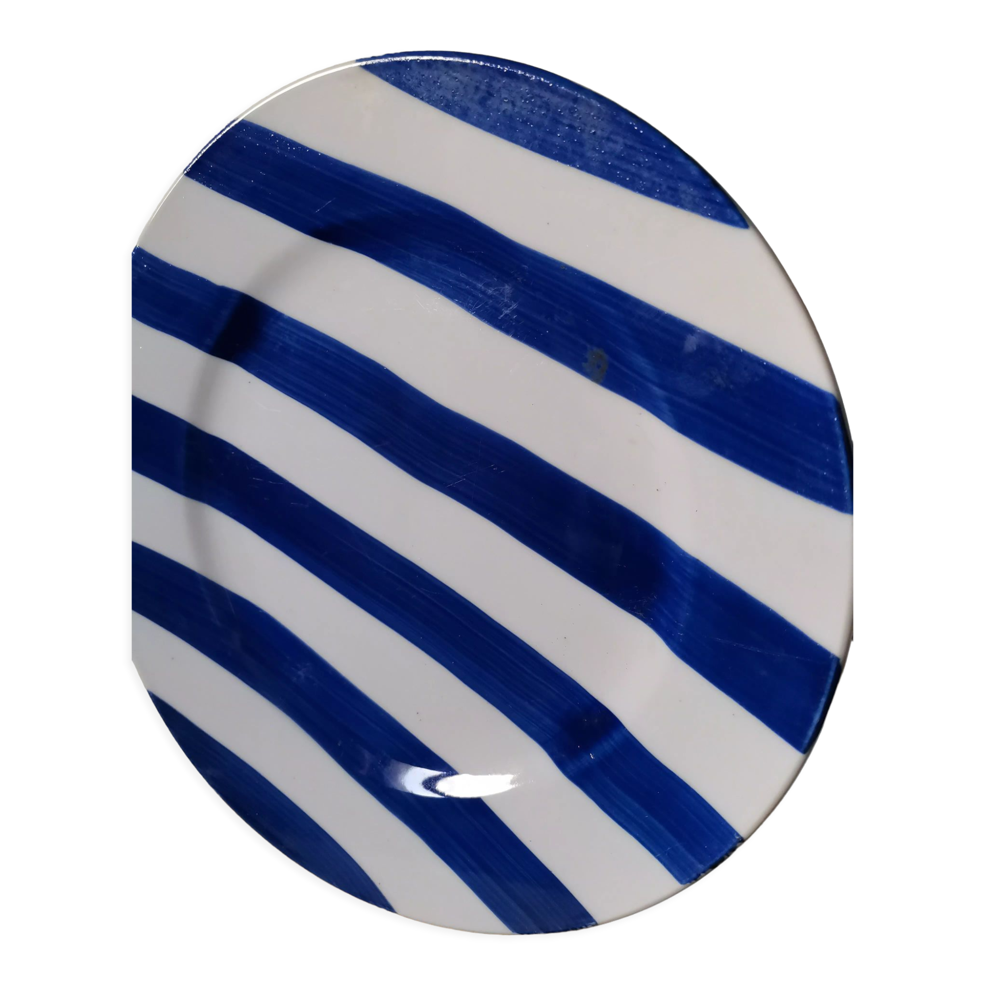 Set of 2 vintage plates in glazed stoneware with blue stripes