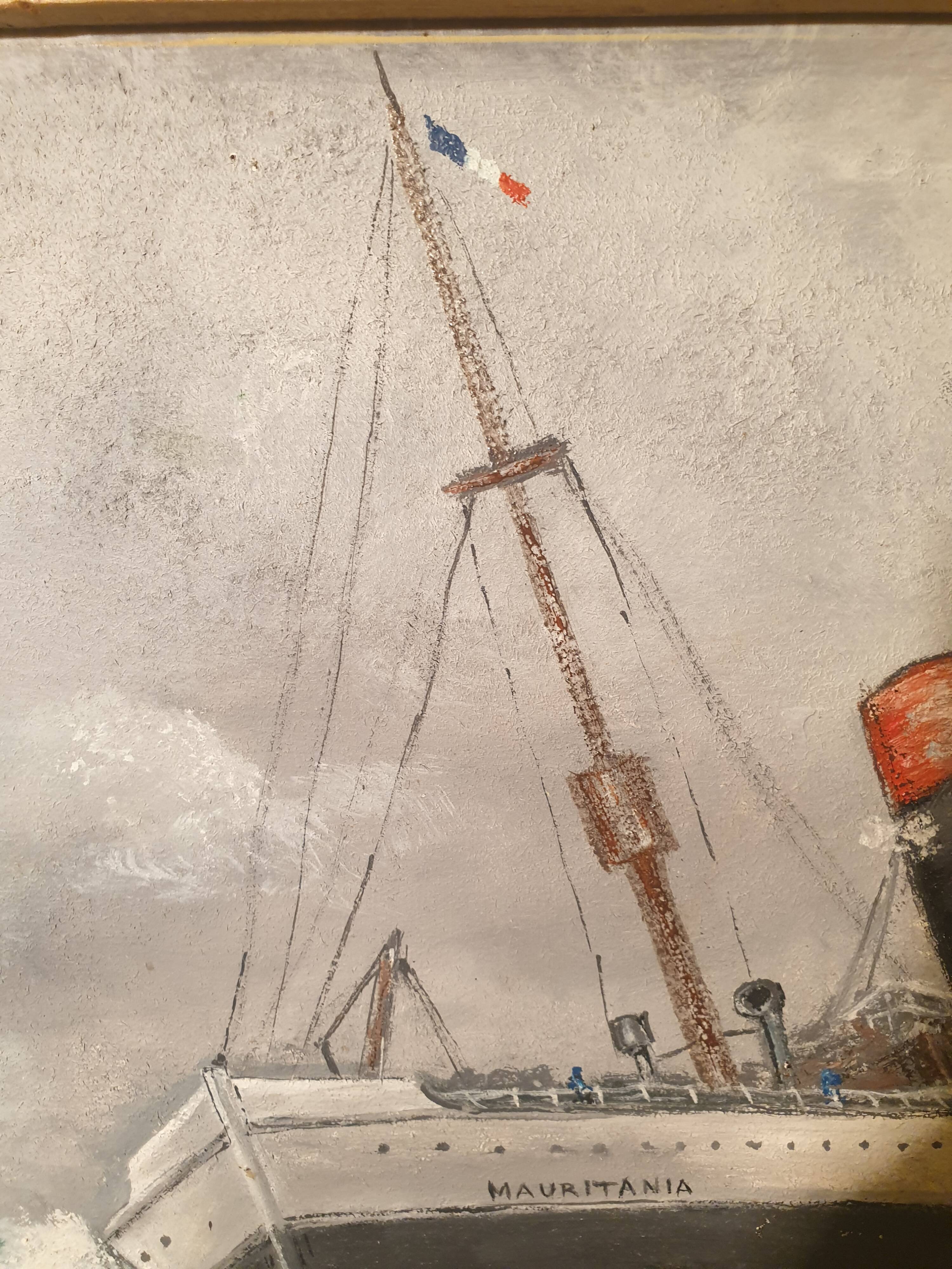 Grand tableau Huile sur isorel Paquebot Mauritania signé E Joubert