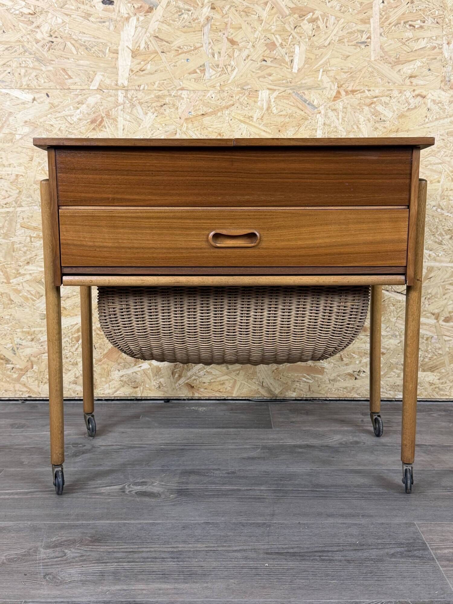 1960s 1970s Teak Sewing Box Sewing Table Utensil Holder with Basket