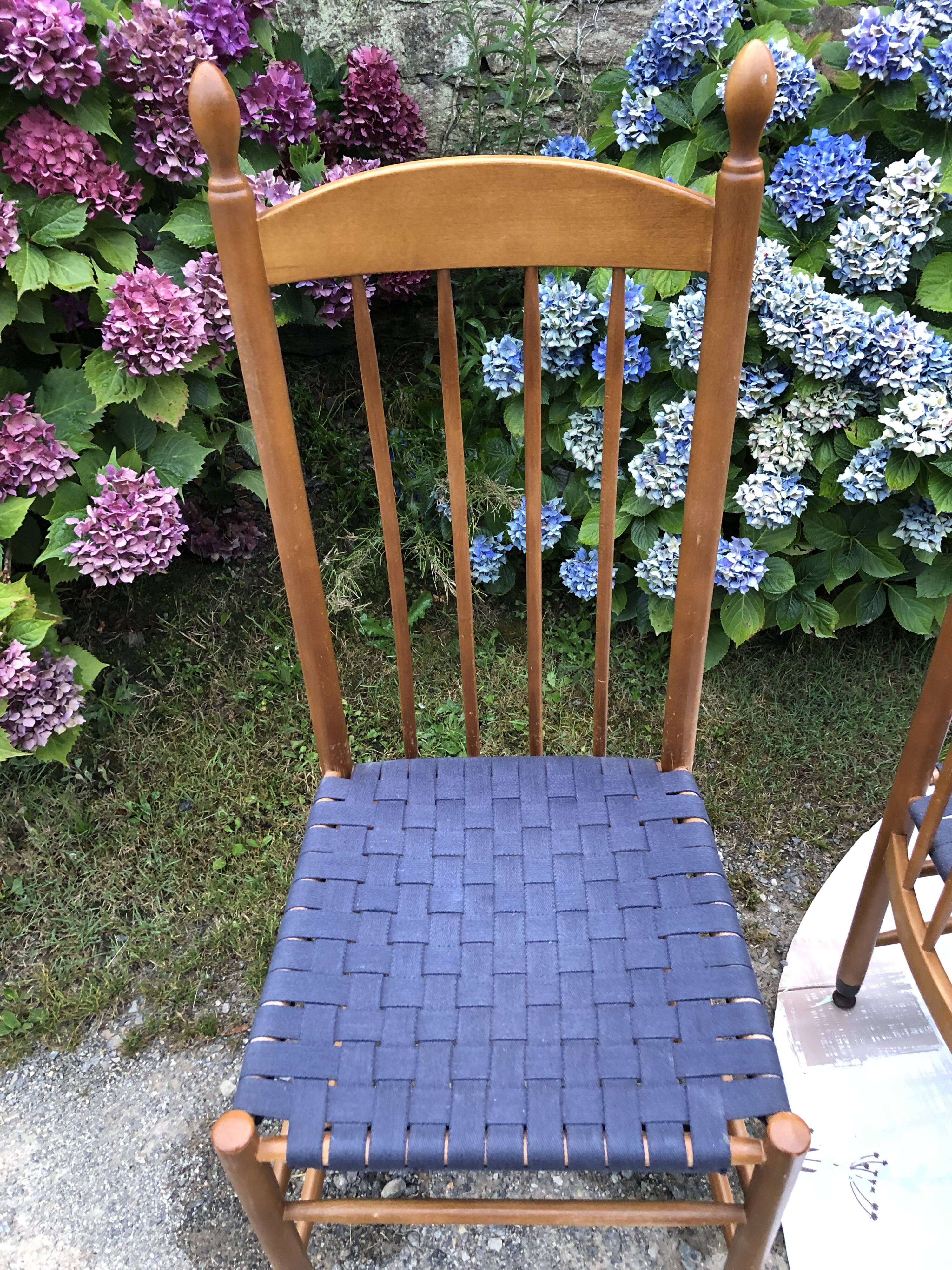 4 vintage Roche Bobois chairs from the 80s in beech with woven seats in blue fabric.