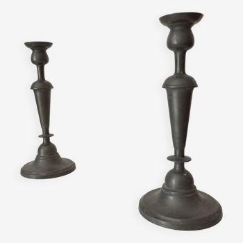 Pair of large old candlesticks in solid pewter