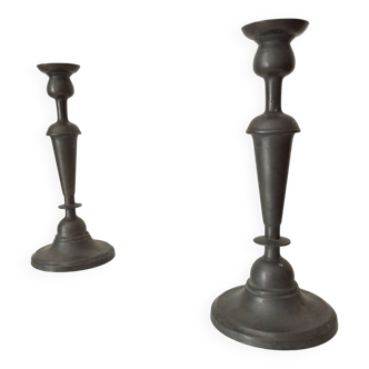 Pair of large old candlesticks in solid pewter