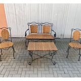 Set of vintage garden furniture sofa wrought iron and wicker, chairs & coffee table vintage 1980