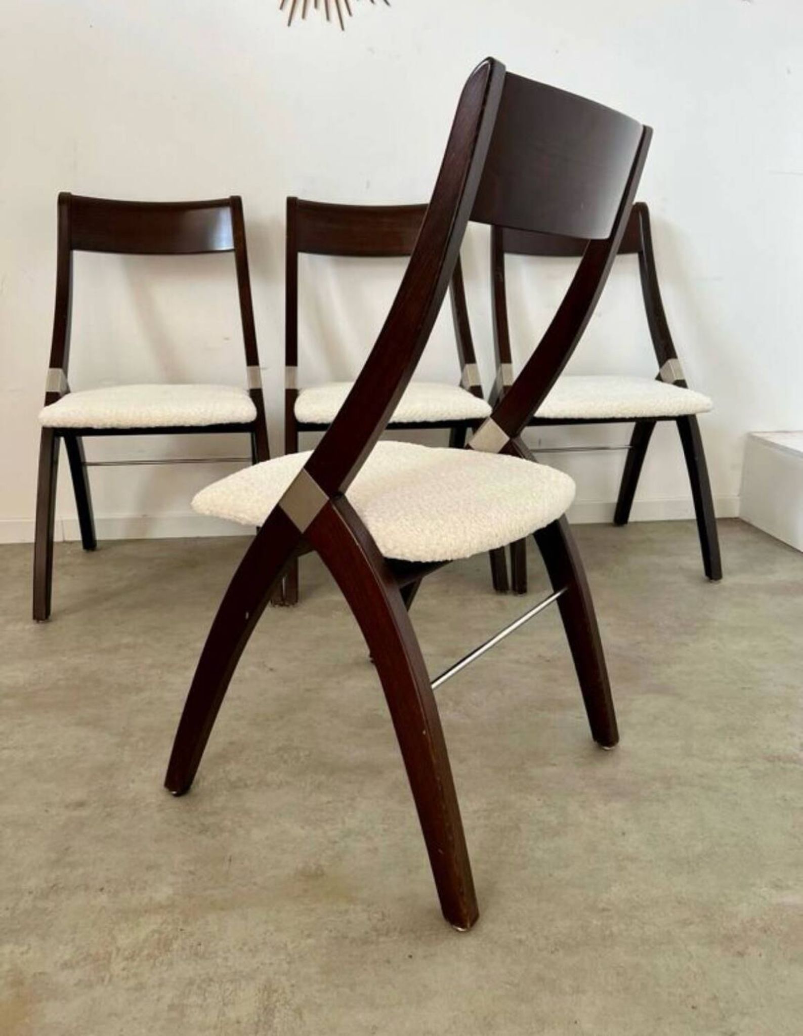 Set of 4 vintage 70s Italian design wooden and terry chairs