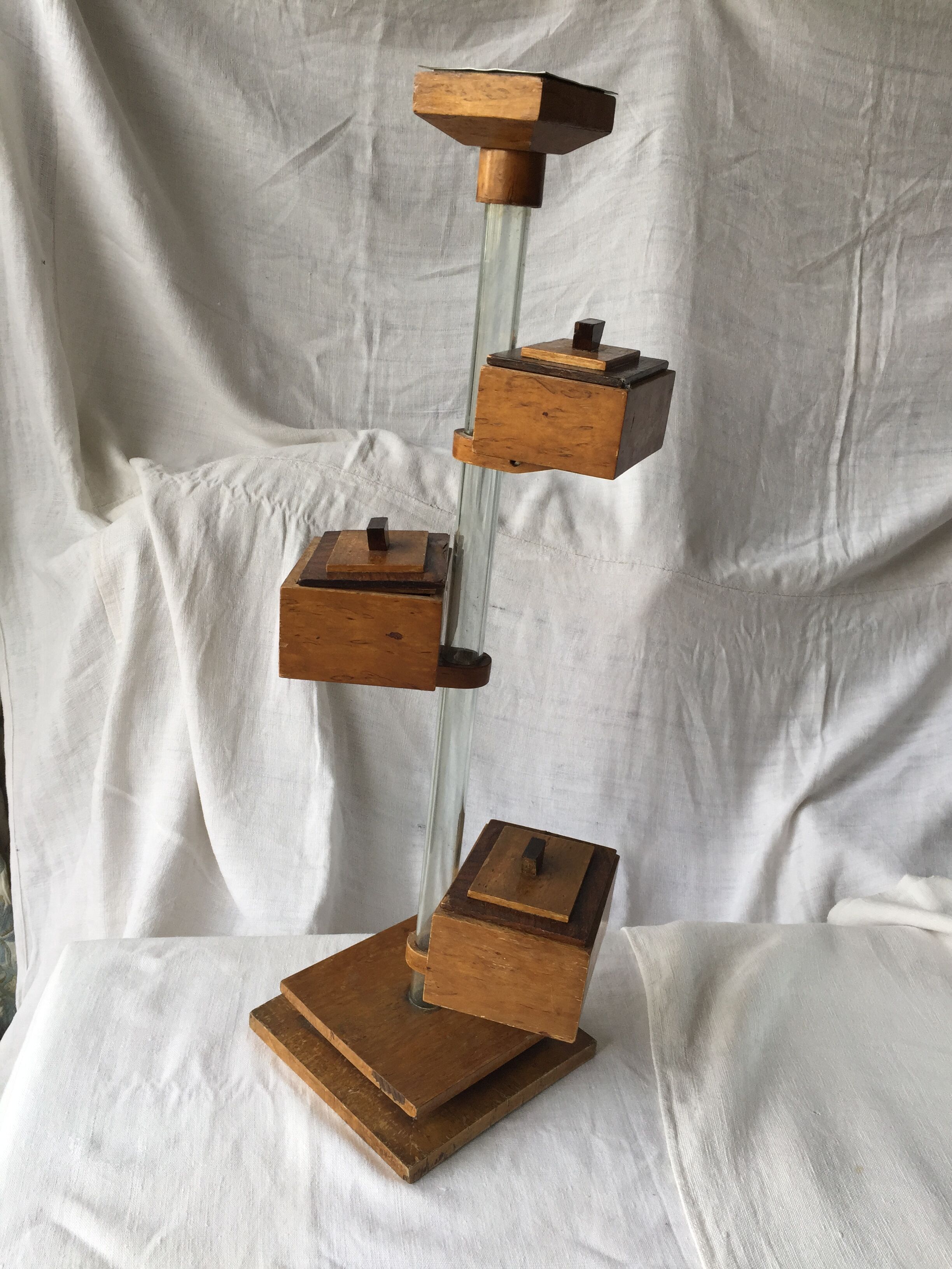 Small 1930s wooden and glass furniture with sliding storage boxes