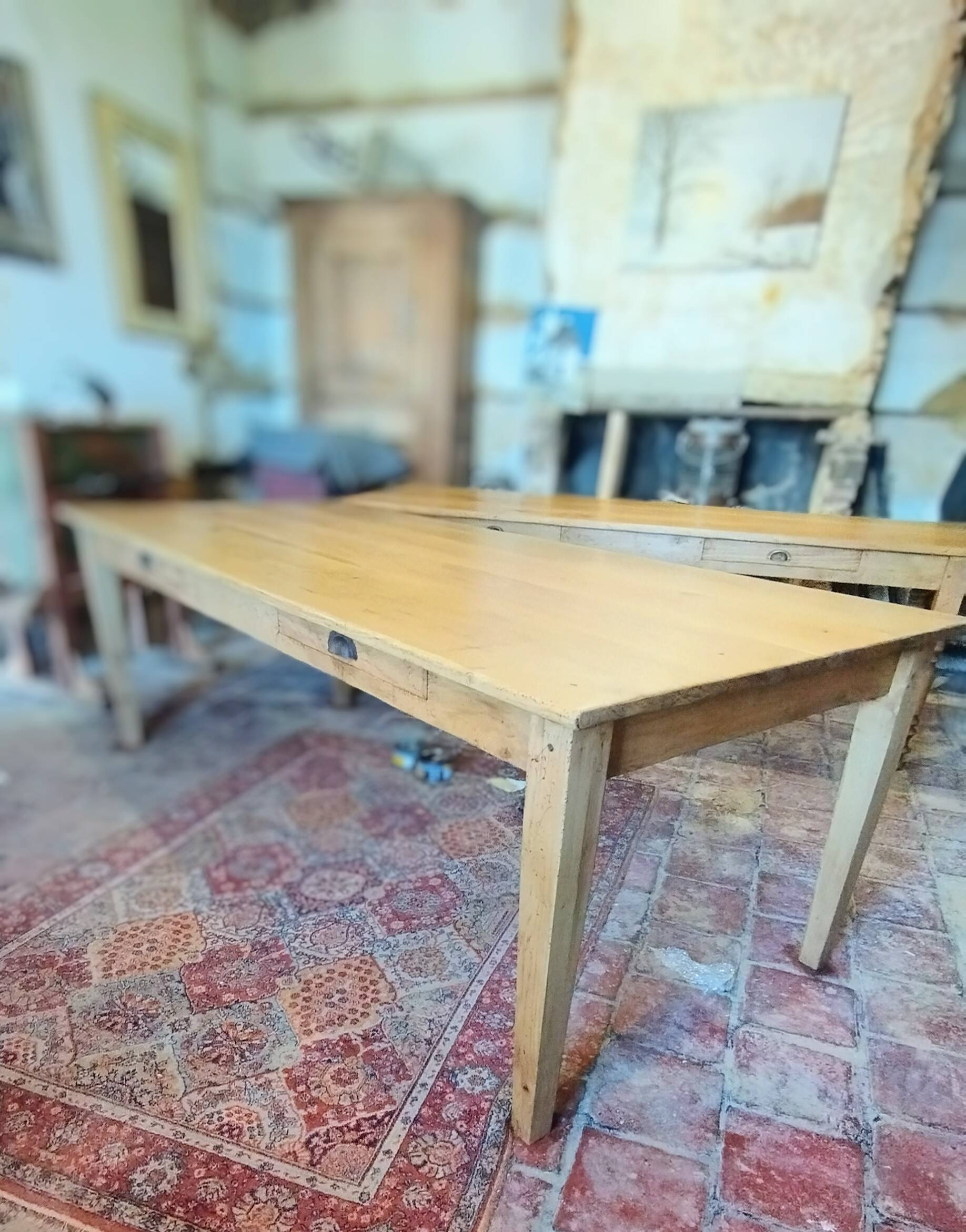 Table de ferme 230 x100 ,chêne clair patiné,