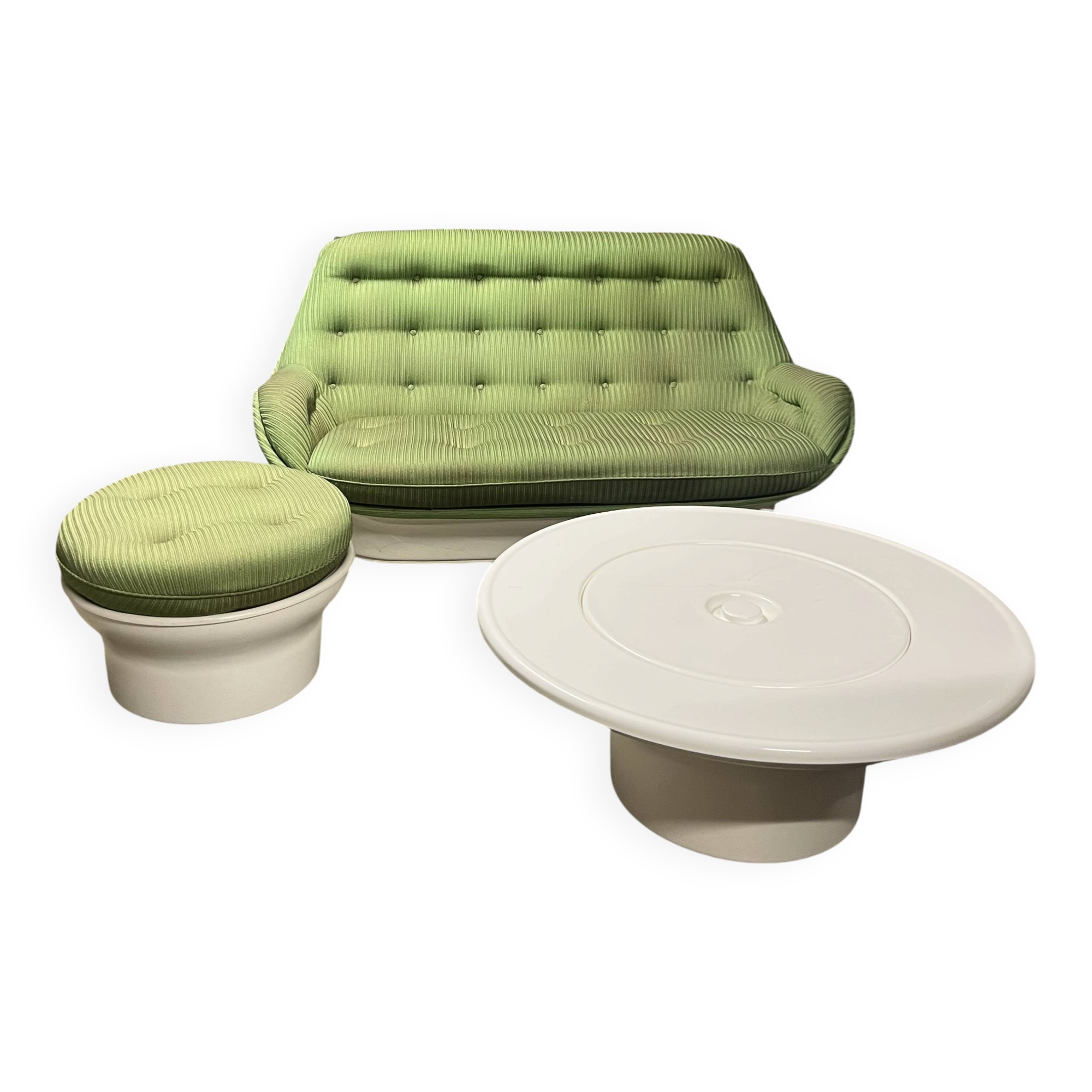 Michel Cadestin – Canapé, pouf et table basse Space Age 1970