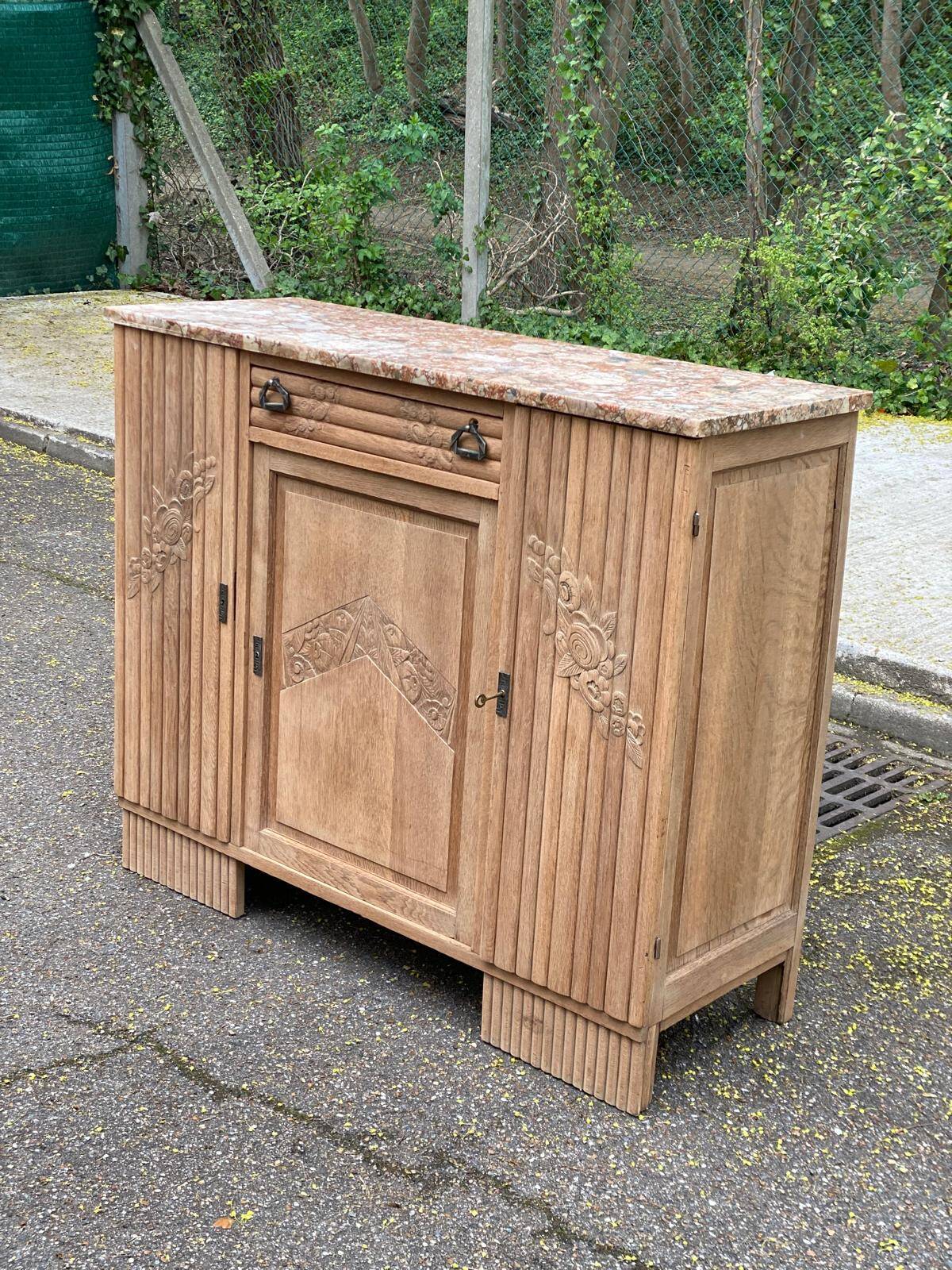 Art Deco vintage Parisian buffet renovated in solid wood and pink marble 123cm