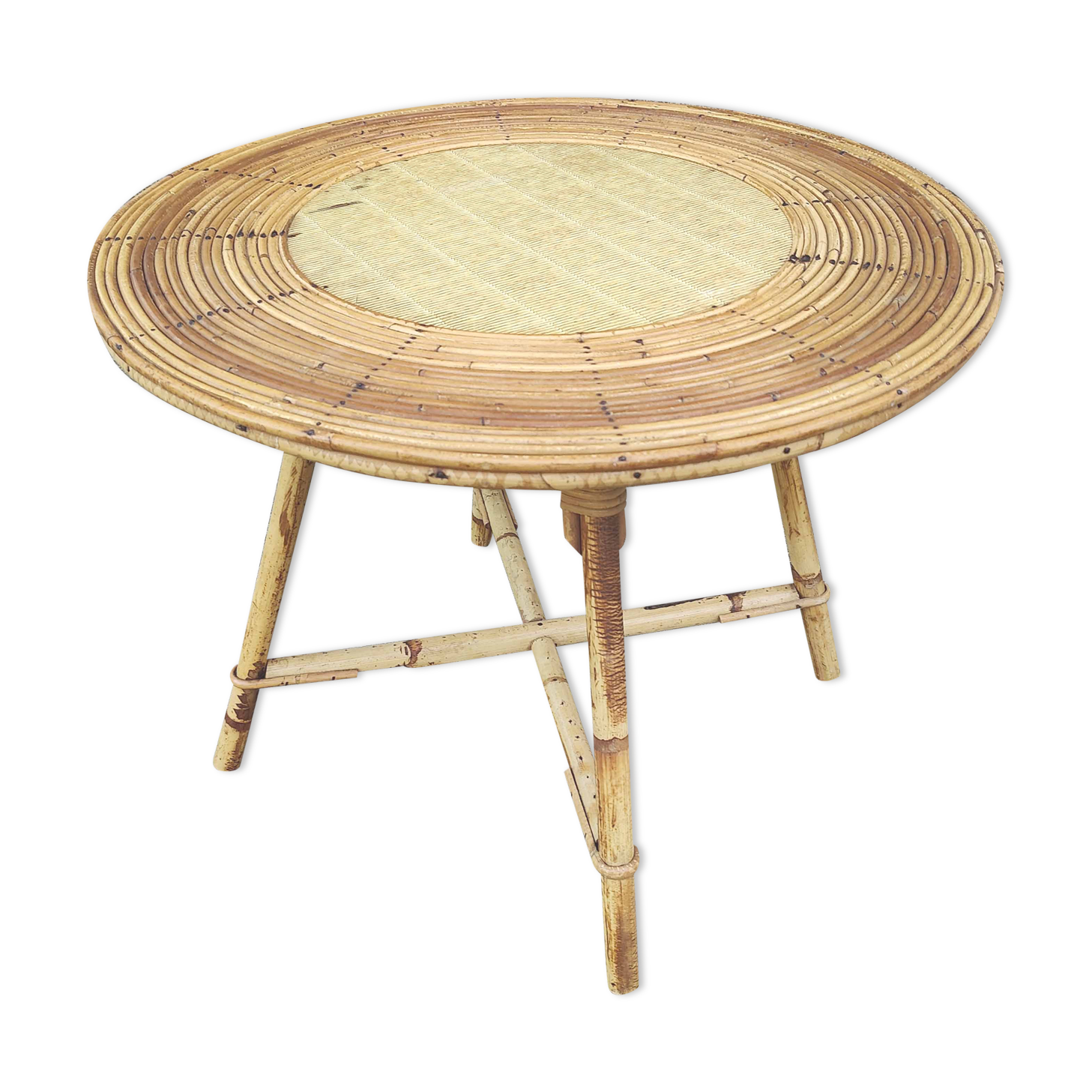 Round coffee table vintage rattan and vinyl braided straw way