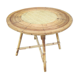 Round coffee table vintage rattan and vinyl braided straw way