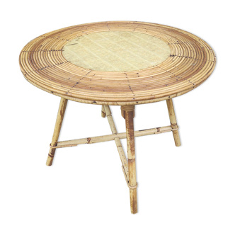 Round coffee table vintage rattan and vinyl braided straw way