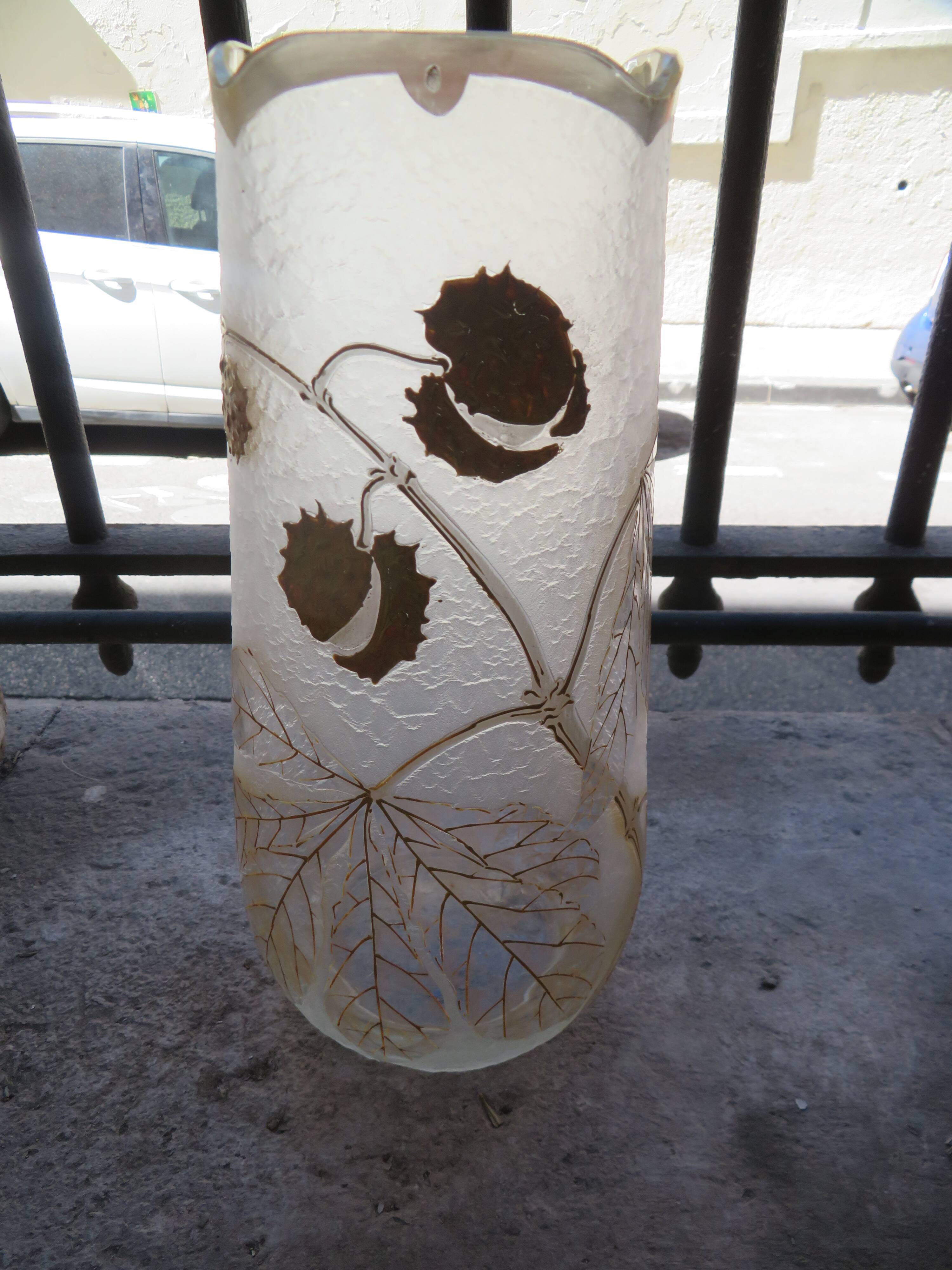 Beautiful acid-etched glass vase from Legras Saint Denis with chestnut tree decoration