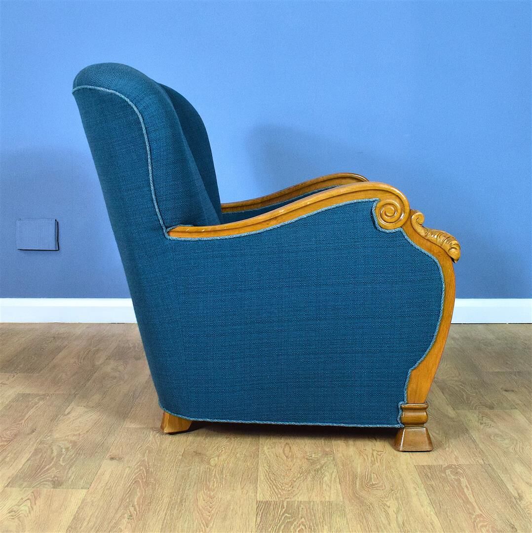 Mid century danish teal blue wool & oak club lounge chair