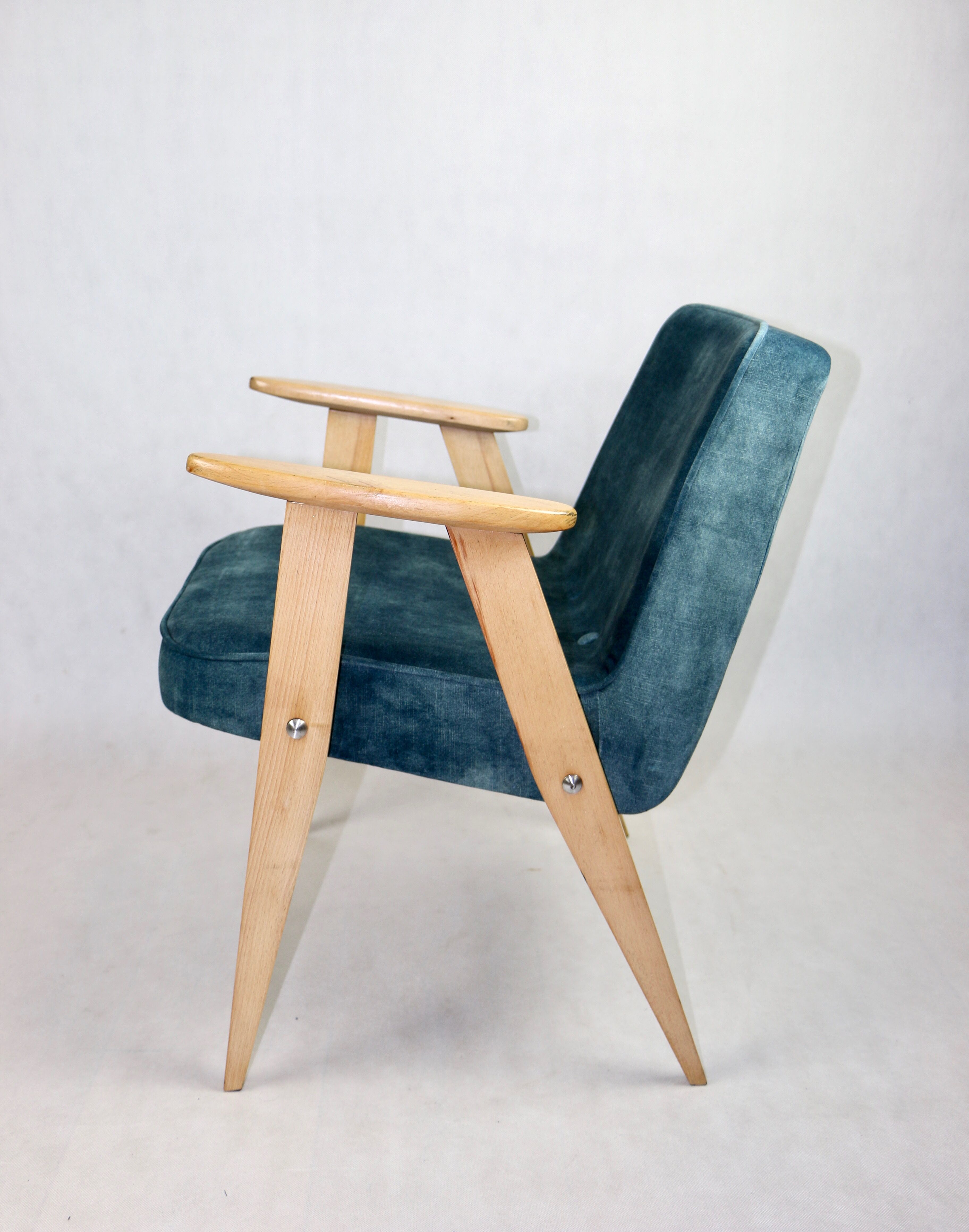 Light blue macau velvet 366 lounge chair by Józef Chierowski, 1970s