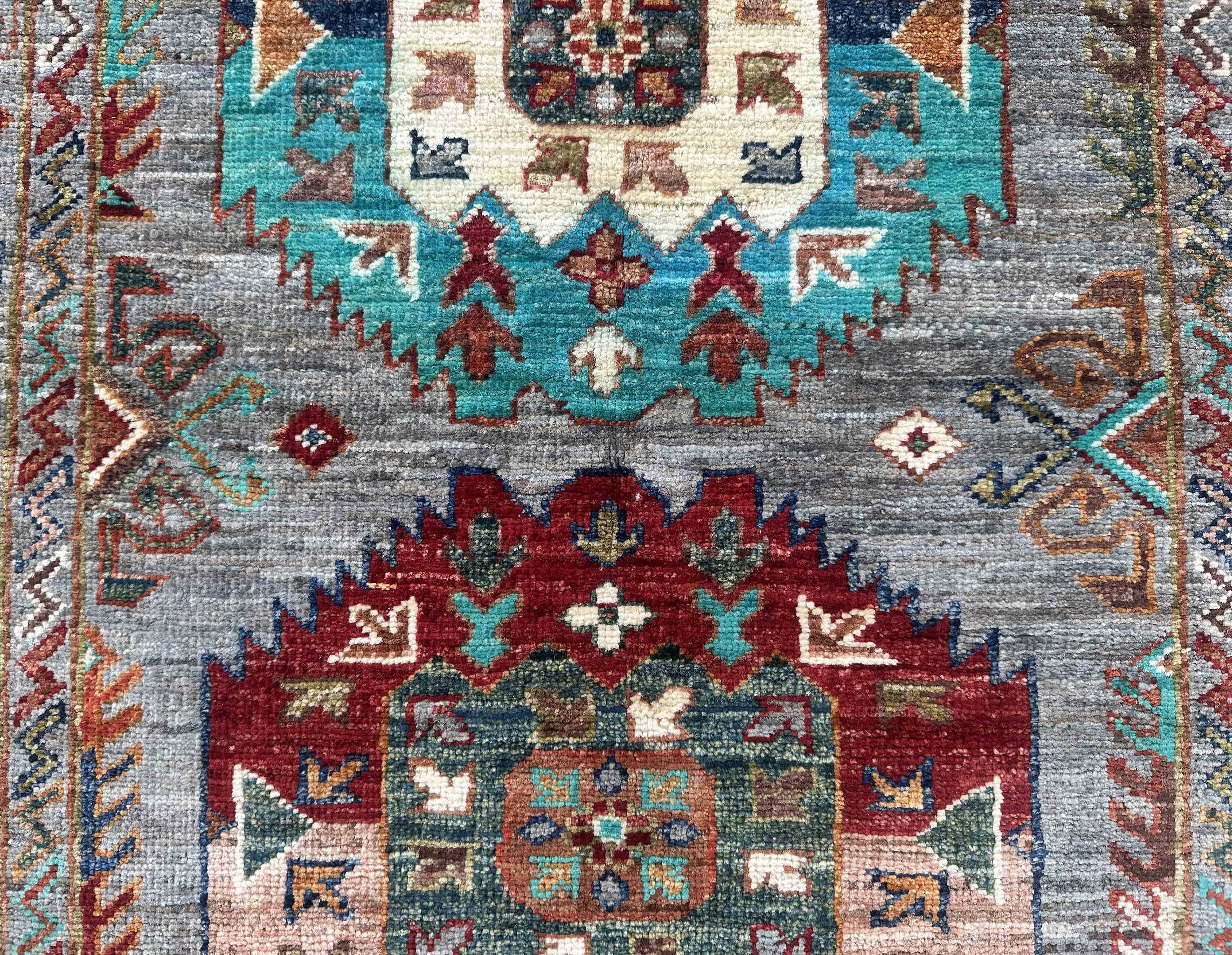 Tapis de couloir Serapi Kazak en laine nouée à la main, motif géométrique tribal, 300 x 84 cm