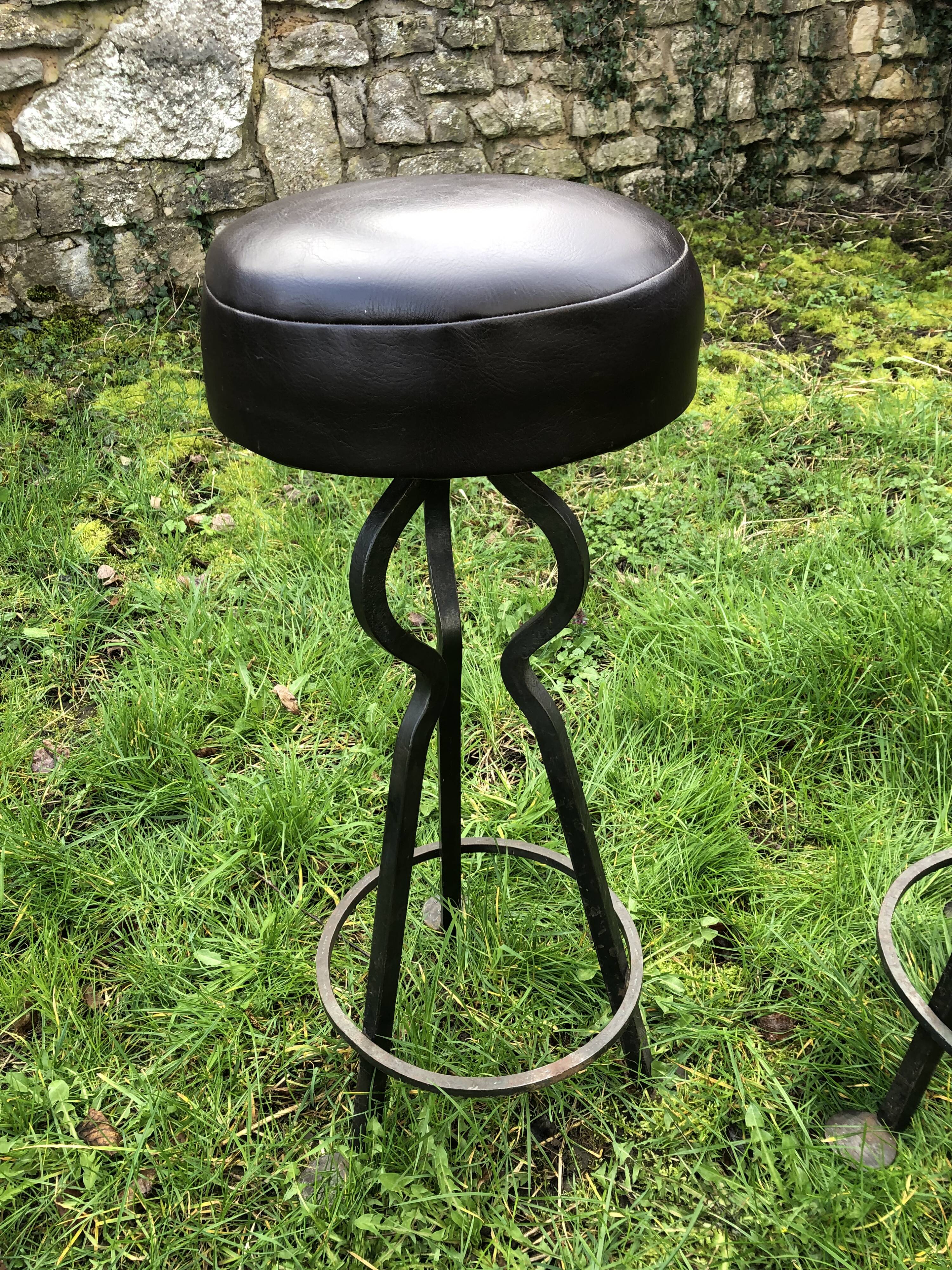 Vintage leather and wrought iron bar stools