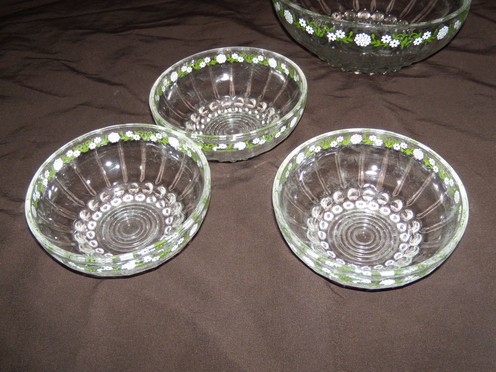 Set of 3 antique glass bowls/dishes decorated with small white flowers by Materne, rare.