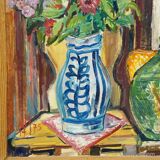 Impressionist still life oil on panel flowers goldfish Alexander Michael 1975