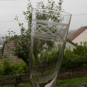 Set of 6 antique crystal champagne flutes. Engraved frieze.