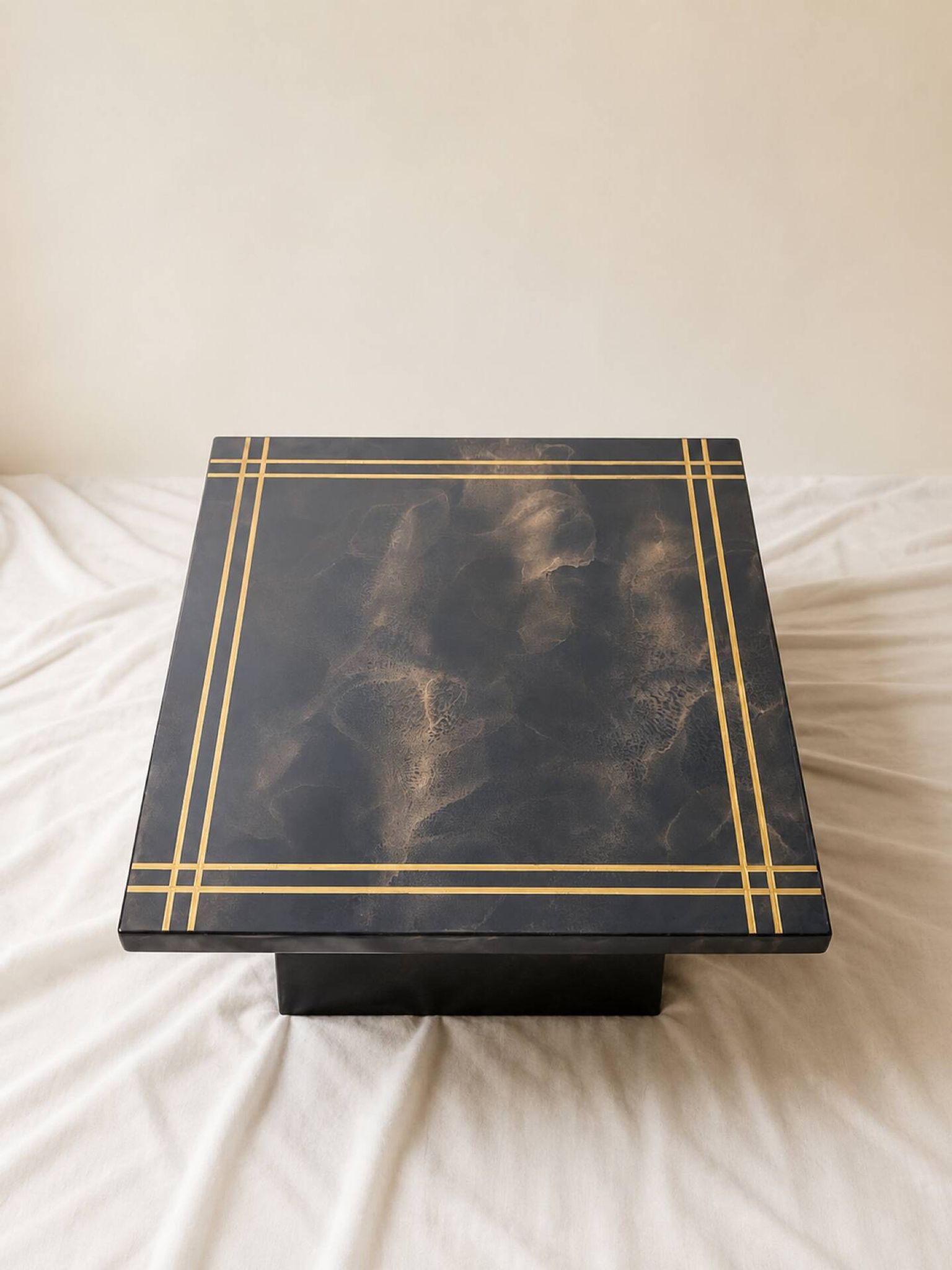 Vintage square black marbled coffee table with gold – central base