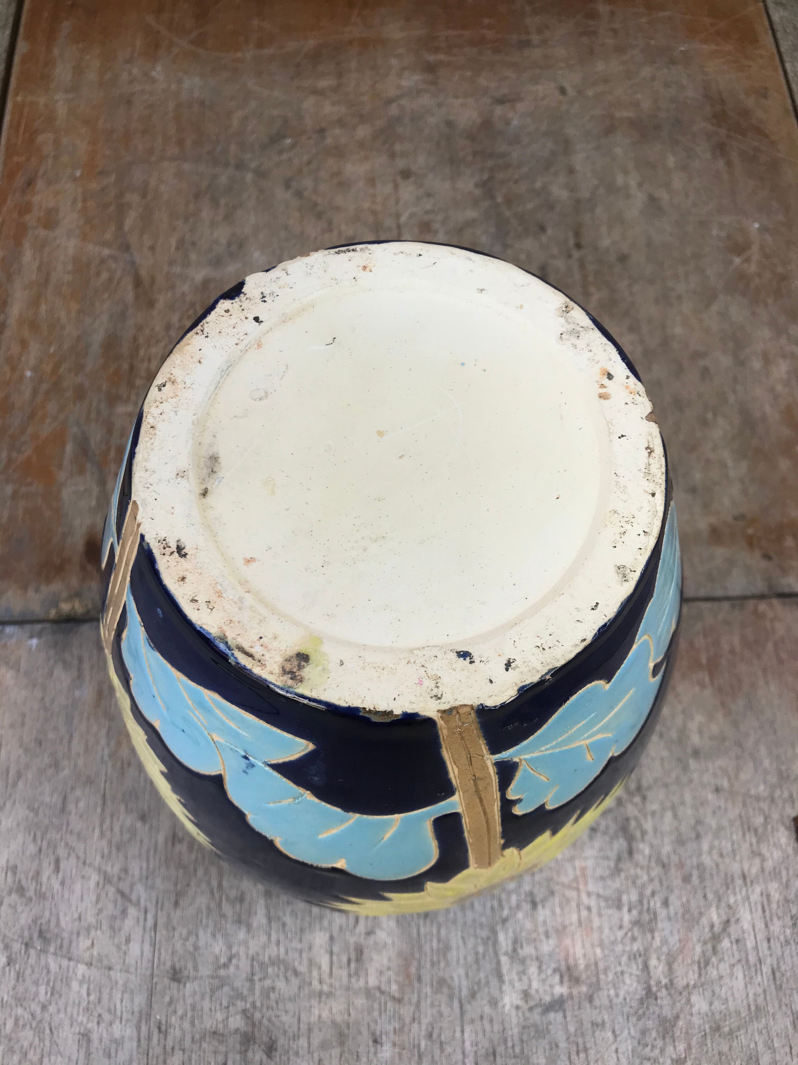 Ancient Blue Enamelled Ceramic Vase Decor Yellow Flowers 60s Vintage