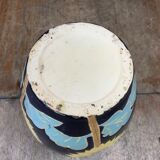 Vase céramique émaillée bleue décor fleurs jaune années 60 vintage